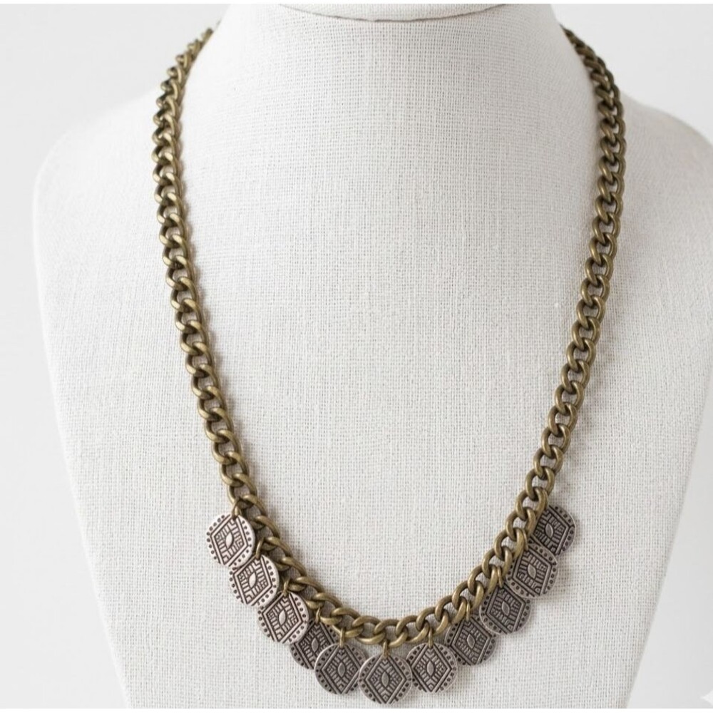 Brass Tone Chain Flat Disk Charms Necklace Etruscan Egyptian Revival Coin style